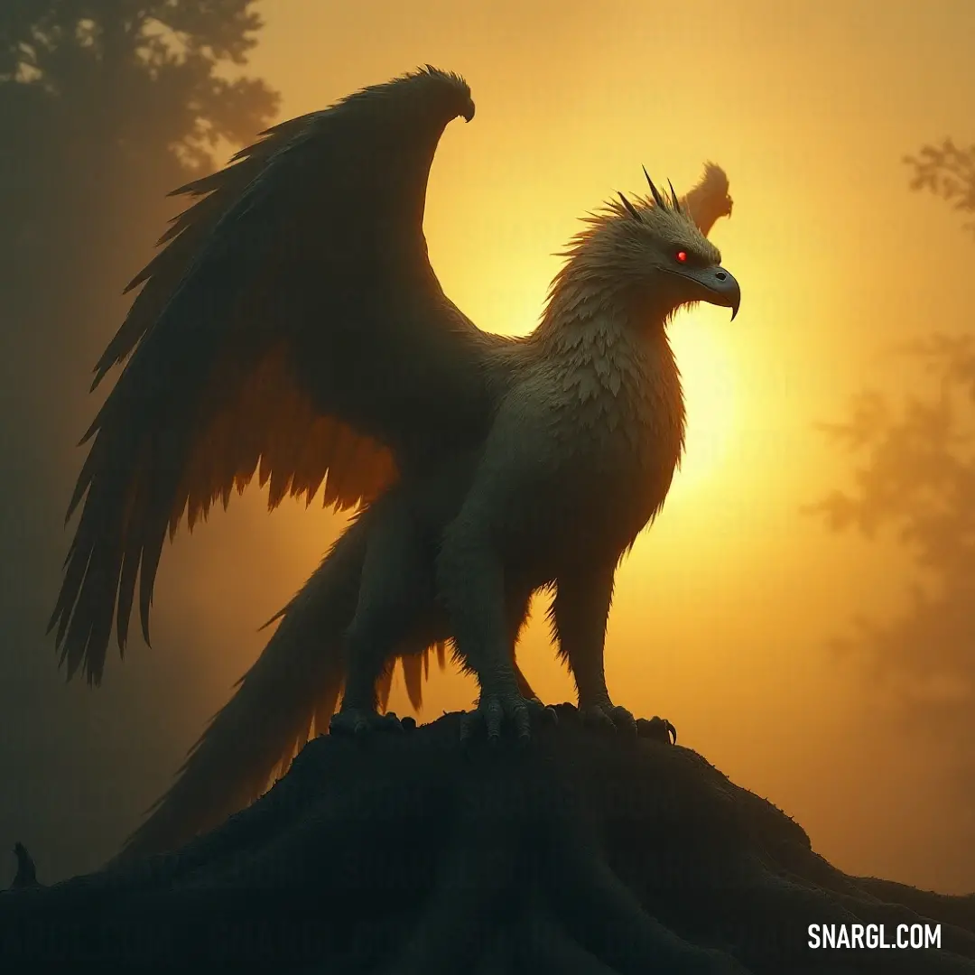 A Solarclaw with piercing red eyes poses on a tree stump at sunset, its wings spread out magnificently against the colorful sky. A creature with glowing red eyes, resembling a mythical Solarclaw, stands proudly on a tree stump at sunset. Its majestic wings stretch wide as the warm orange and purple hues of the sunset frame the scene.