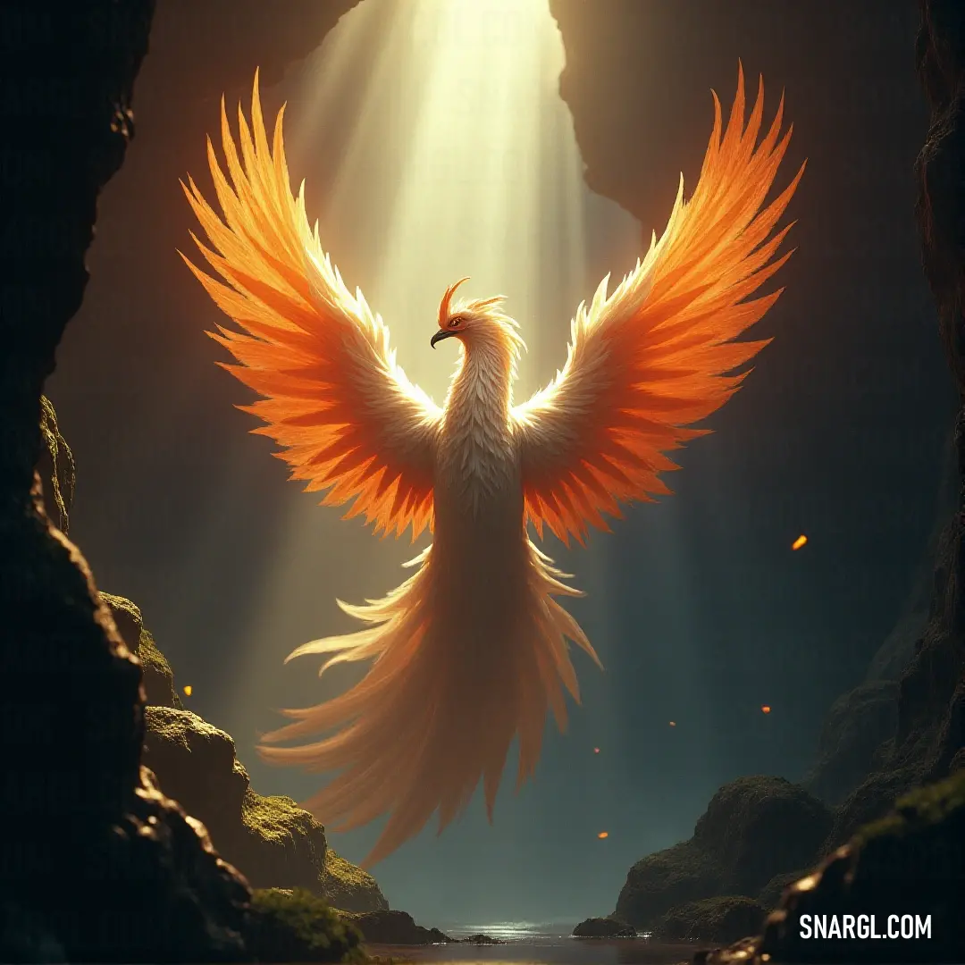 A Solari with orange wings stands still in a cave, sunlight streaming through the cracks in the rock, lighting up its wings. The contrast of shadow and light enhances the Phoenix’s graceful and serene beauty in this tranquil setting.