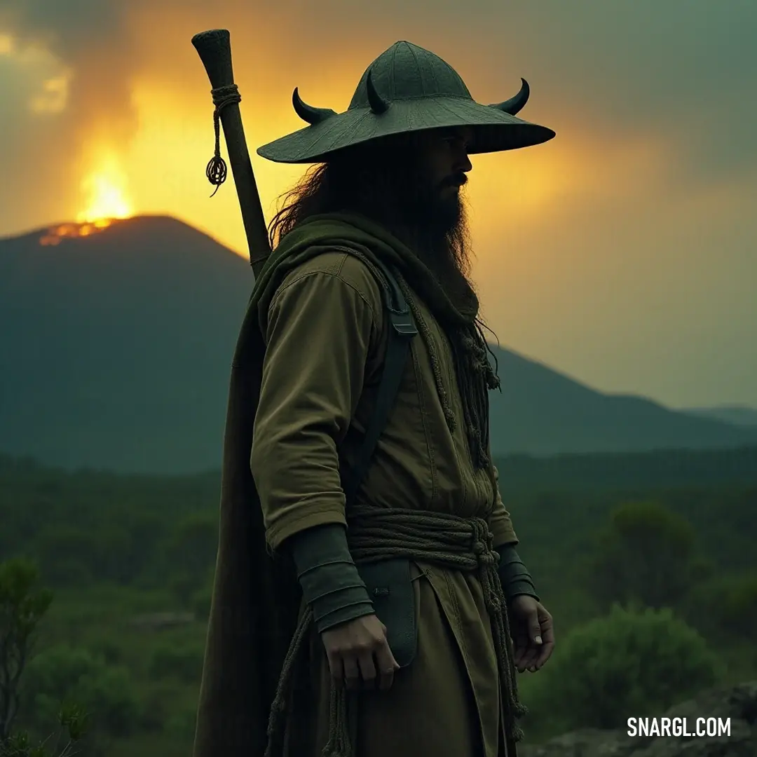 A wise figure with a flowing beard dons a classic hat, gripping a sturdy stick as majestic mountains tower in the background, creating an awe-inspiring scene that embraces strength and serenity.
