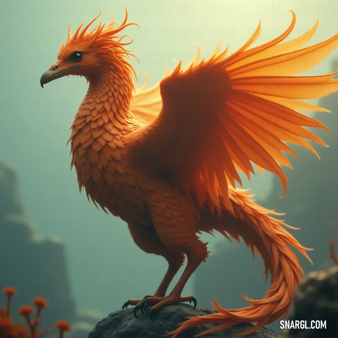 Solflare stands tall on a rock, its orange feathers vibrant against the open landscape, wings spread wide in a powerful display of elegance and freedom. Solflare, with its brilliant orange feathers, proudly stands atop a rock, its wings unfurled to their full majestic span. The bird exudes an aura of strength and elegance, set against an open, wind-swept landscape.