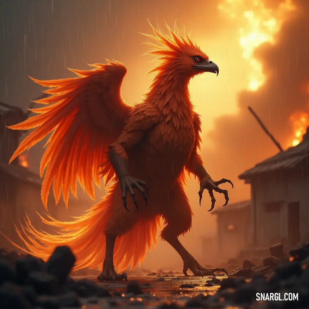 Solflare, with its fiery orange feathers, stands in the rain, wings outstretched, eyes closed in peaceful serenity, embodying both power and calm amidst the storm. Solflare stands in the rain, its vibrant orange feathers drenched yet still radiant. With wings spread wide and eyes closed in peaceful surrender, the bird exudes a quiet strength, embracing the elements with grace.