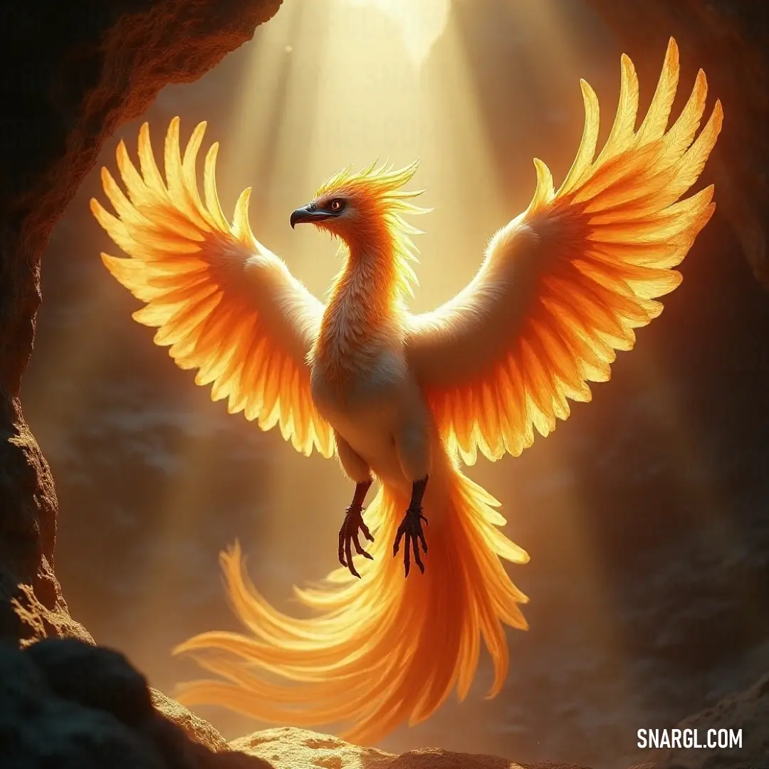 Solflare with its bright orange feathers and yellow tail gracefully flying through a cave, bathed in sunlight filtering through the sky above, illuminating its wings and creating a breathtaking scene of freedom and beauty. A majestic creature, Solflare, with vibrant orange feathers and a striking yellow tail, soars through a dark cave. Sunlight filters through the opening above, casting beams of light that illuminate the magnificent wings of this powerful bird in flight.