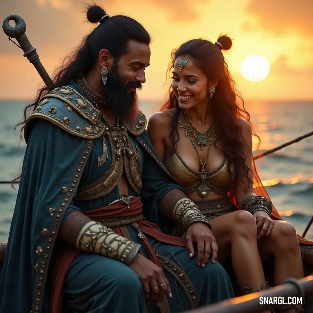 As the sun dips below the horizon, two elegantly dressed figures aboard a boat share a moment, with the golden sunset casting a glow on their costumes, as they journey toward the unknown. Two figures adorned in elaborate costumes find solace on a boat, surrounded by the warm hues of a sunset, creating a scene filled with camaraderie and the promise of shared adventures.