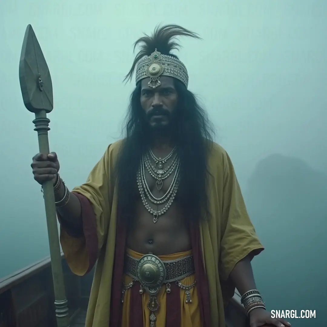 Within an ethereal landscape, a sage-like figure dressed in intricate robes holds a large knife and staff, resonating with ancient energies and wisdom as he guides the secrets of the unseen. A wise sage dressed in ornate attire stands majestically, brandishing a large knife and staff, his long beard flowing as he connects with powerful energies in an otherworldly setting.