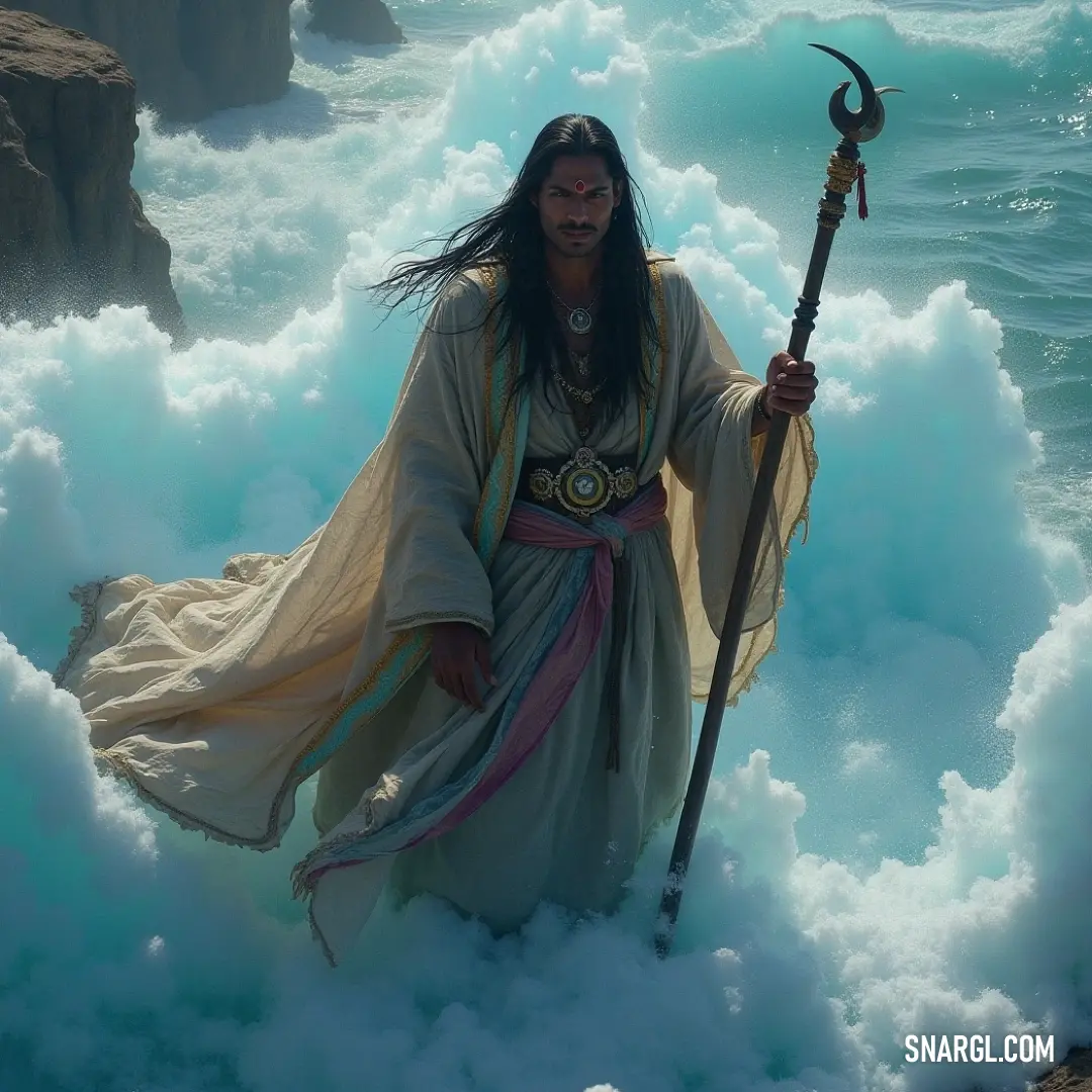 Amidst crashing waves, a regal figure in flowing garments stands tall, clutching a staff as the ocean surges around him, harmonizing with the timeless essence of the rugged cliff in the background. A majestic figure dressed in flowing robes stands gracefully in the surf, wielding a staff, as foamy waves crash around him, blending perfectly with the rugged beauty of a coastal cliff.