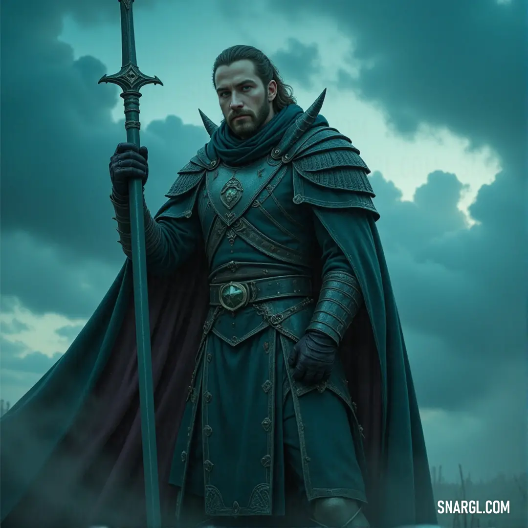A warrior in green stands firm with his sword in hand, facing an ominous sky that hints at the trials to come. A brave warrior in a green outfit stands against a cloudy sky, gripping a sword with determination. His stance is strong, ready for the storm ahead, with the dark clouds threatening in the distance.