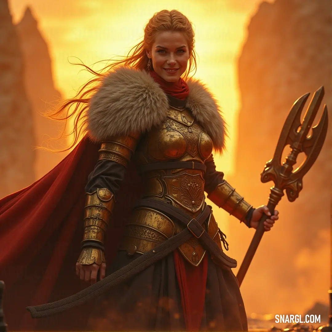 Solrun in her golden attire, holding a sword and a large blade, with a red cape billowing behind her, a striking figure in the midst of her adventure. Solrun stands proudly in a shimmering golden outfit, a sword in one hand and a large blade in the other. A red cape flows behind her, the colors of her attire contrasting beautifully with her surroundings.