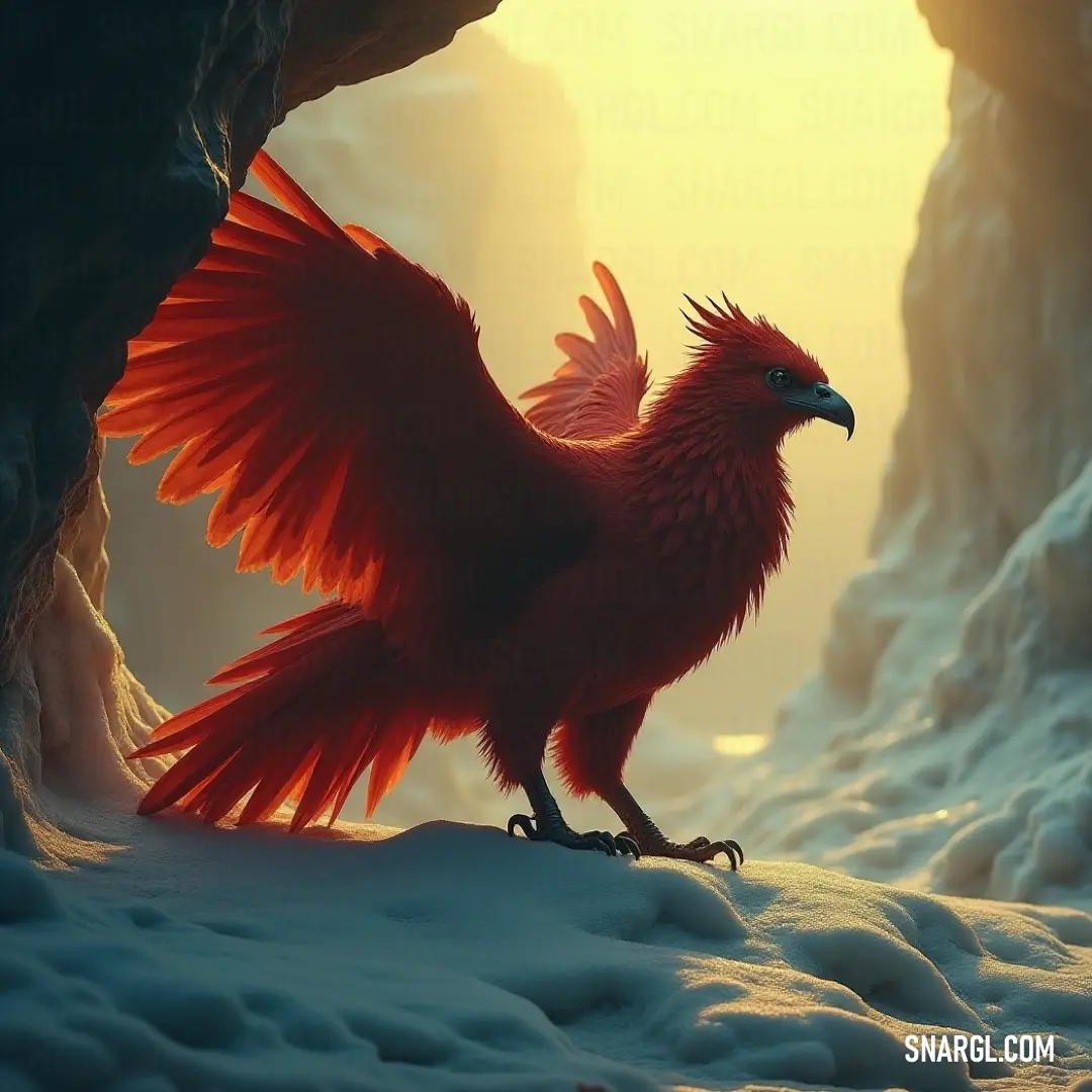 Red Solstice in its serene snowy cave, wings spread wide as it connects with the warmth of the sun breaking through the winter chill. Red Solstice stands proudly in a snowy cave, its wings vibrantly outstretched, capturing the soft sunlight filtering through the cave ceiling and illuminating the serene surroundings.