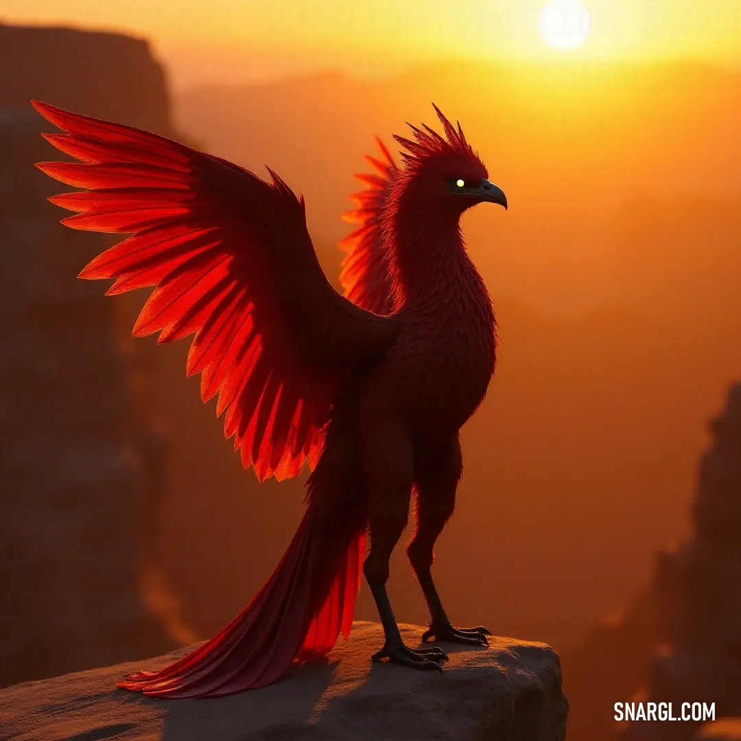 A majestic Red Solstice Phoenix spreads its impressive wings atop a rock at sunset, illustrating the harmonious blend of fire and light in nature's grand display. A stunning Red Solstice Phoenix spreads its magnificent wings, standing atop a rugged rock at sunset. The warm hues of the setting sun blend with the majestic creature's fiery colors, creating a breathtaking spectacle of nature's beauty.