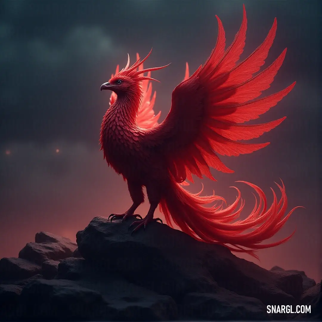 Red Solstice Phoenix, with fiery red feathers, stands on a rock under the moonlight, its eyes fixed on the night sky. A Red Solstice Phoenix with long, vibrant red feathers rests on a rocky outcrop, gazing out over a moonlit sky. The silhouette of the phoenix is framed by the light of the moon, creating a scene of elegance and power.