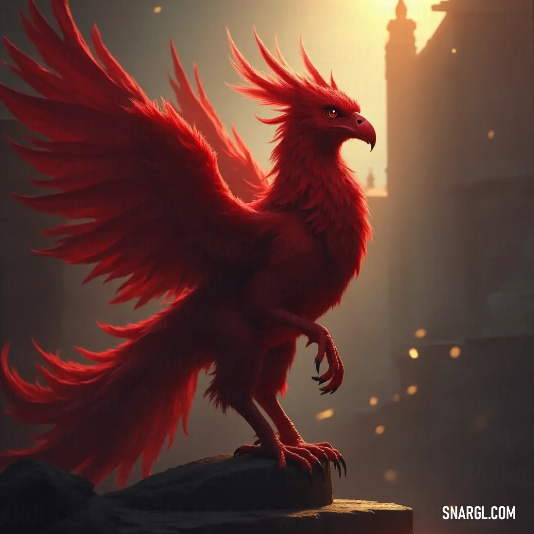 A vibrant Red Solwing perched on a ledge, showcasing its beauty against a charming clock tower backdrop. A Red Solwing stands majestically on a stylish ledge, its vibrant form contrasting with a quaint building featuring a historic clock tower, creating a captivating urban scene in nature.
