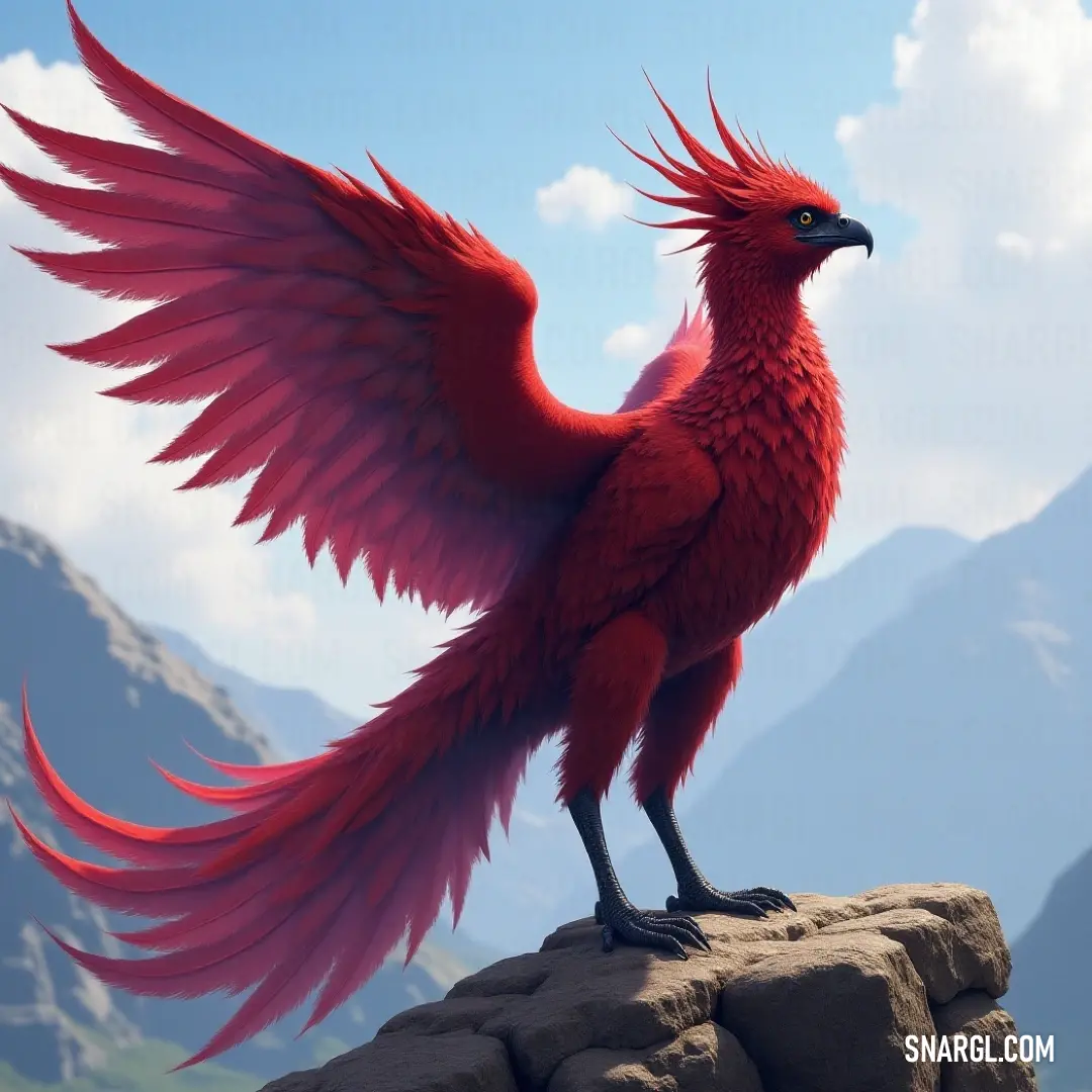 A striking Red Solwing perches on a stone in front of stunning mountain landscapes under a clear blue sky. A magnificent Red Solwing stands proudly atop a weathered rock, its expansive wings stretched wide, framed by breathtaking mountain vistas under a clear, azure sky.