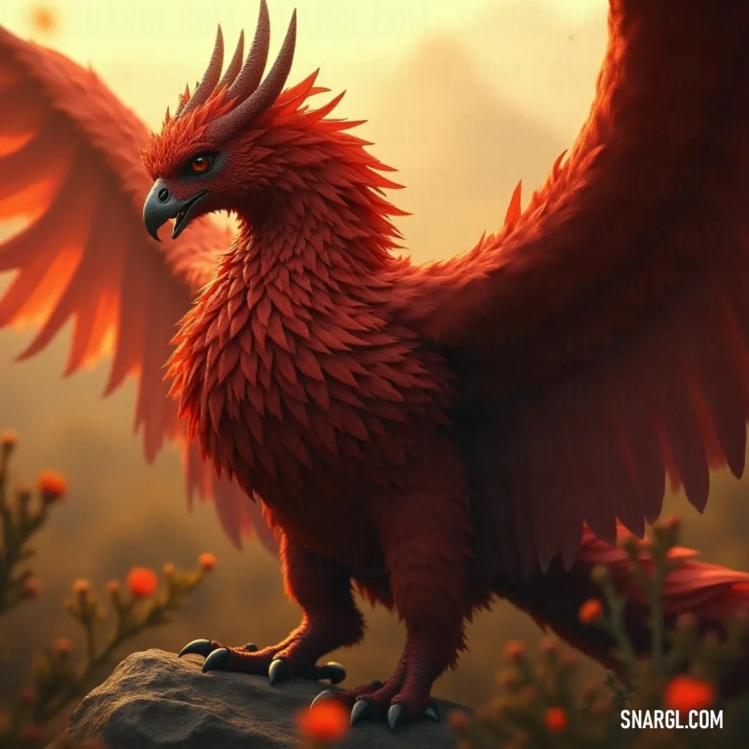 A Red Solwing features prominently among colorful flowers, captivated by a stunning yellow sky. A Red Solwing stands gracefully on a rocky perch amidst a vibrant field of flowers, bathed in the golden light of a warm, yellow sky, portraying the essence of beauty in nature.