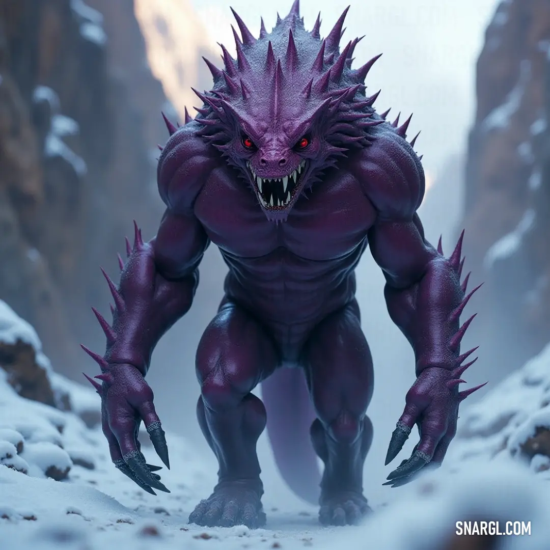 A demonic figure with sharp teeth and claws standing in a snowy landscape, surrounded by mountains and rocks. A dark and demonic figure with sharp teeth and claws stands in a desolate snowy landscape. Towering mountains and rugged rocks surround the figure, giving the scene an intense, cold atmosphere.