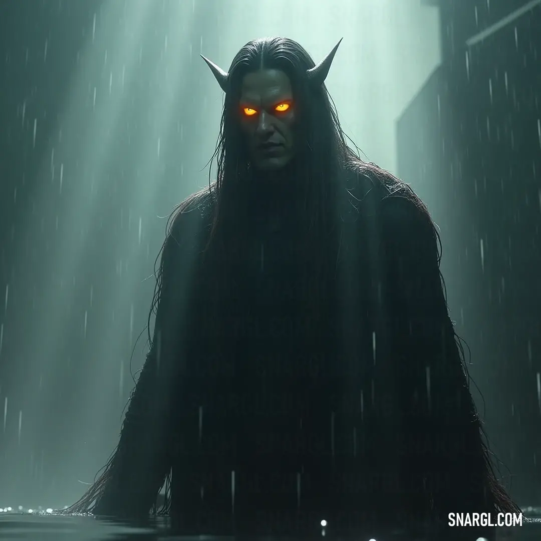 A striking figure with red eyes and a horned head stands in a darkened room, where beams of light pierce through the shadows, highlighting the imposing architecture behind and creating an atmosphere of suspense and intrigue.