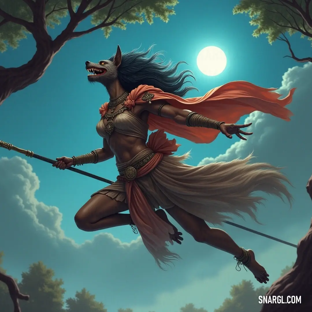 Ascending through the skies, a warrior dressed in an elaborate costume wields a sword, a noble wolf at her side, symbolizing bravery and adventure in a world filled with wonders. A valiant warrior, adorned in an intricate costume, soars through the open skies with a gleaming sword raised high, accompanied by a loyal wolf, both figures commanding attention with their spirit and determination.