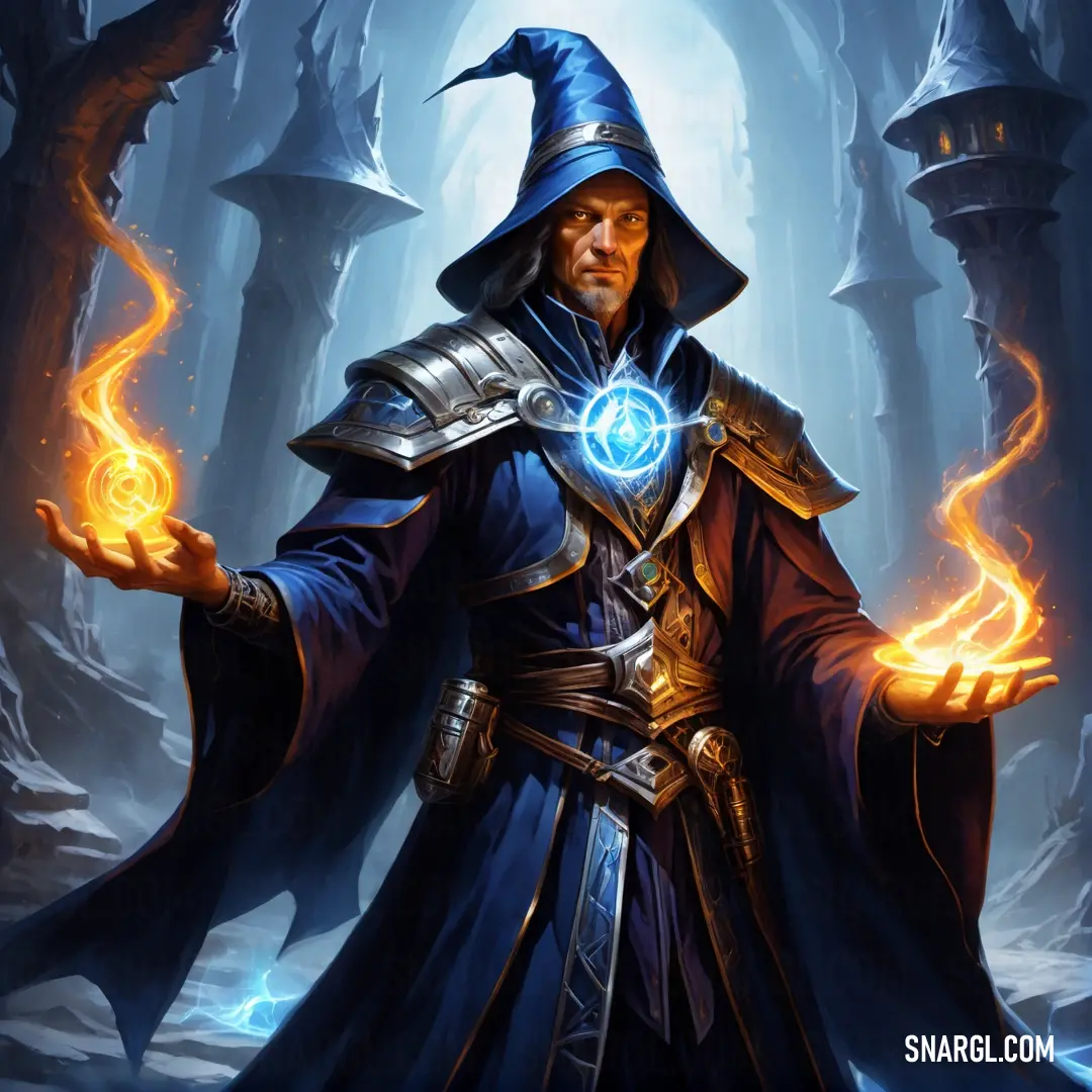 Sorcerer in a blue robe holding a glowing ball in his hands in a forest with trees and rocks