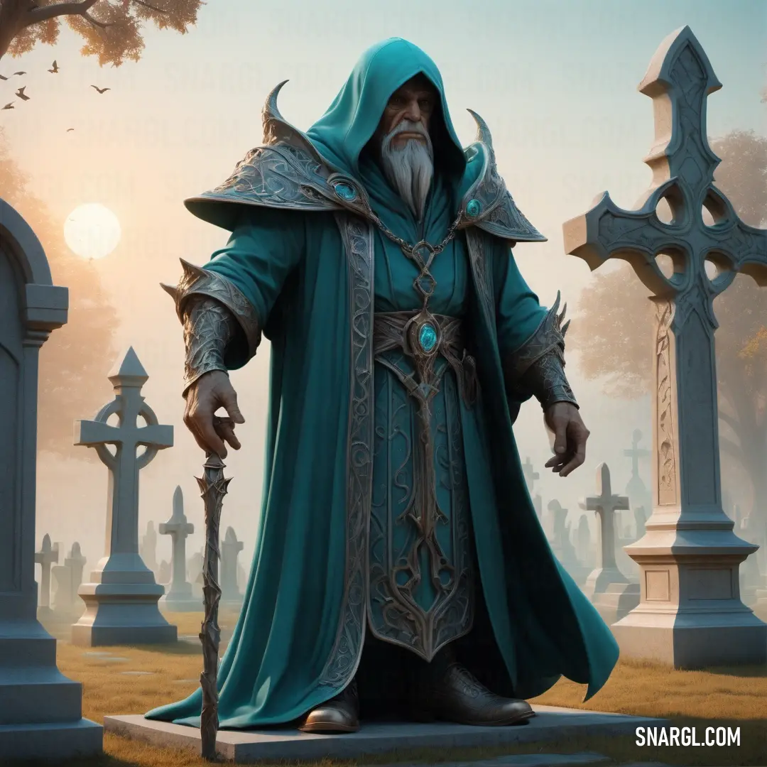 Sorcerer in a green robe and a green hat standing in a cemetery with a staff and a cross