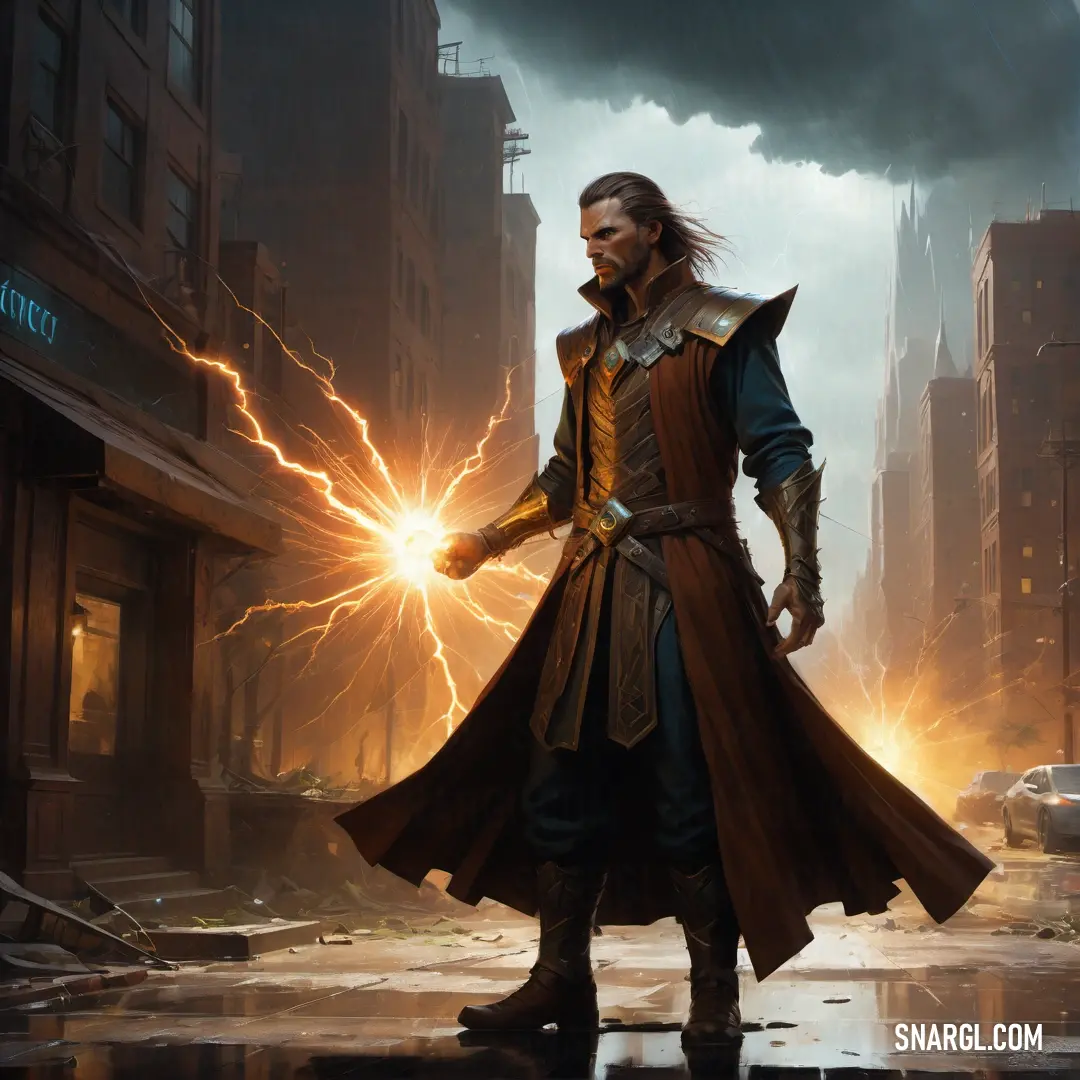 Sorcerer in a long coat standing in a city street with a lightning bolt in his hand and a cityscape in the background