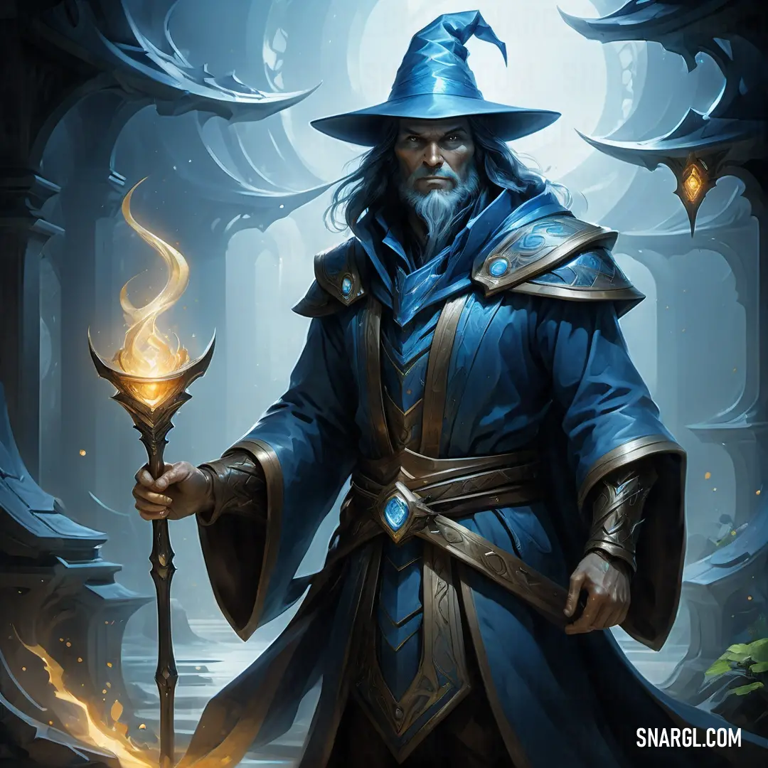 Wizard holding a torch and a staff in a forest with a moon in the background and a glowing orb in the foreground