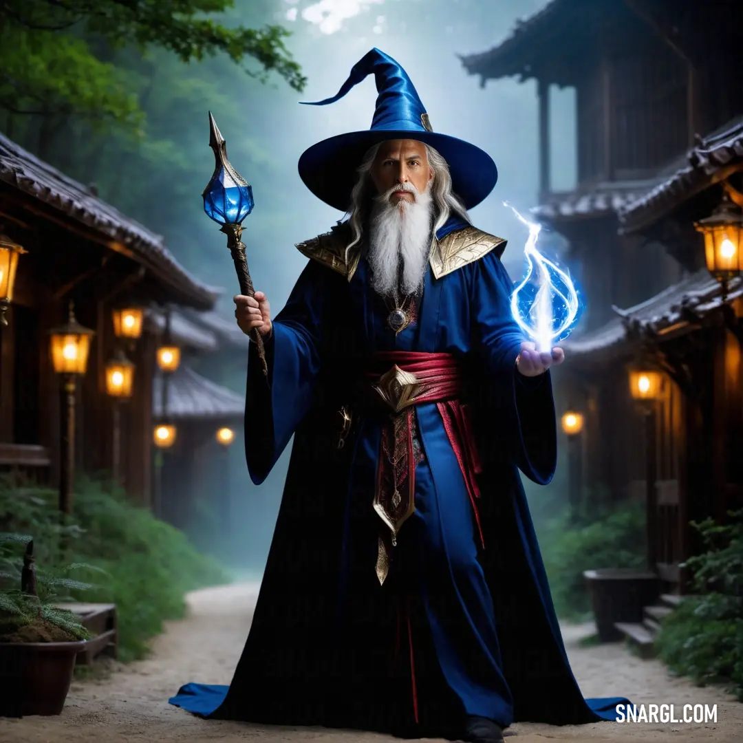 Wizard with a long beard and a long white beard holding a wand and a glowing ball in his hand