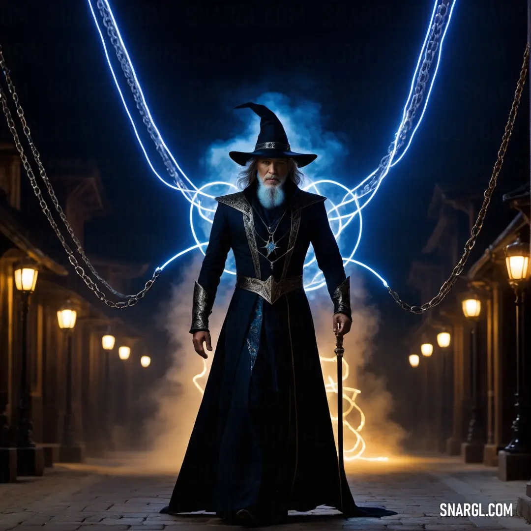 Wizard with a staff and a staff of fire in his hand is standing in a dark alley way