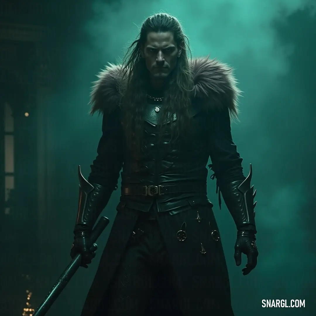 A lone man in a dark, fur-collared outfit grips a sword, his stance ready for battle, exuding strength and mystery in the fading light.