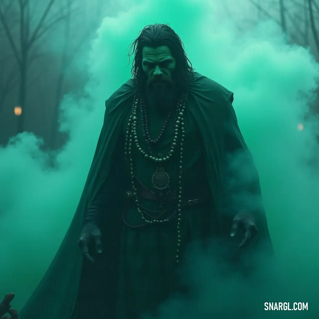 A man dressed in green stands amidst a fog-drenched forest, his silhouette half-hidden by the mist, a figure of mystery and quiet strength.