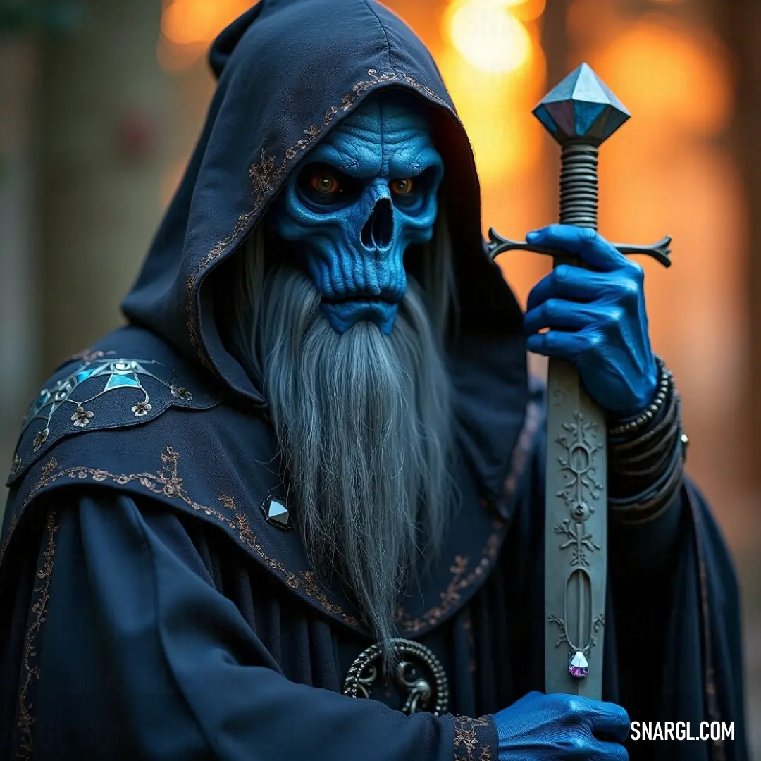 A mysterious man with intricate blue makeup and a long beard, gripping a sword in his hand, his piercing gaze framed by a bold blue mask.