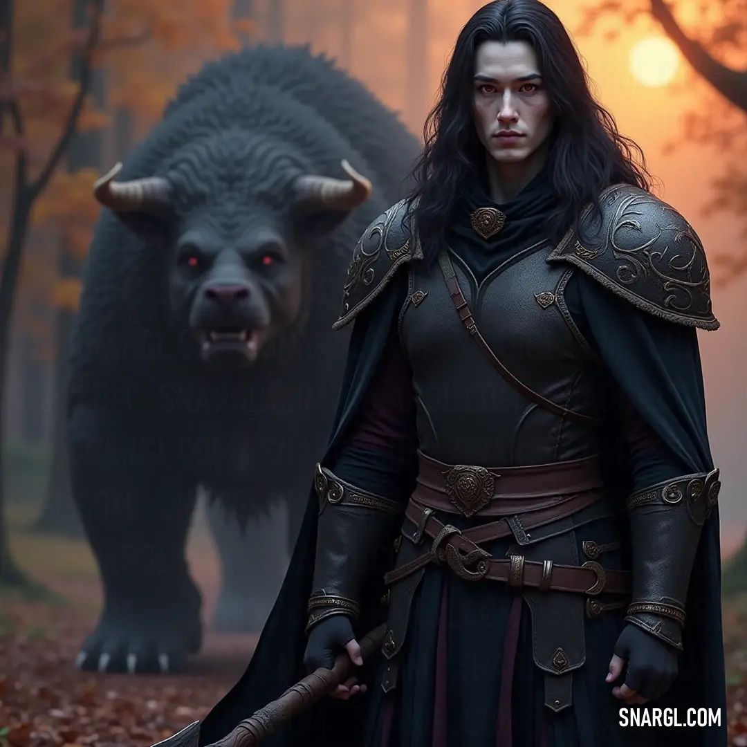 A figure in exquisite costume stands in a vibrant forest, accompanied by a majestic horned beast, seamlessly merging elements of nature and enchantment. An enchanting figure dressed in elaborate attire stands confidently in a lush forest, beside a majestic horned creature, embodying a bond between nature and mystique, sparking a sense of adventure.