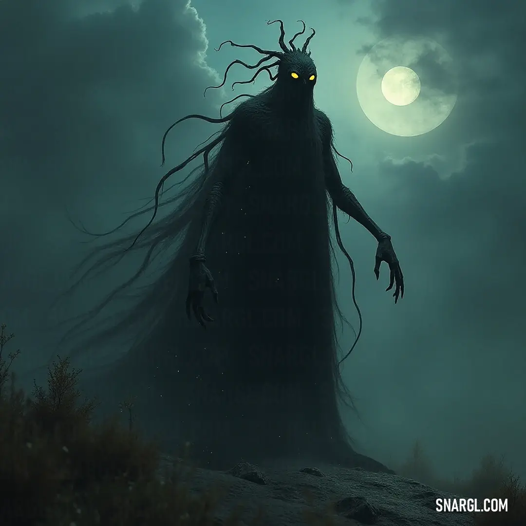 Mysterious Creepy Sorrow Wraith with glowing yellow eyes standing in the haunting darkness beneath a full moon amidst a stormy sky. A haunting Sorrow Wraith emerges from the shadows, its piercing yellow eyes glowing against the backdrop of a luminous full moon, surrounded by a dark roiling sky filled with ominous clouds, evoking a sense of eerie dread.