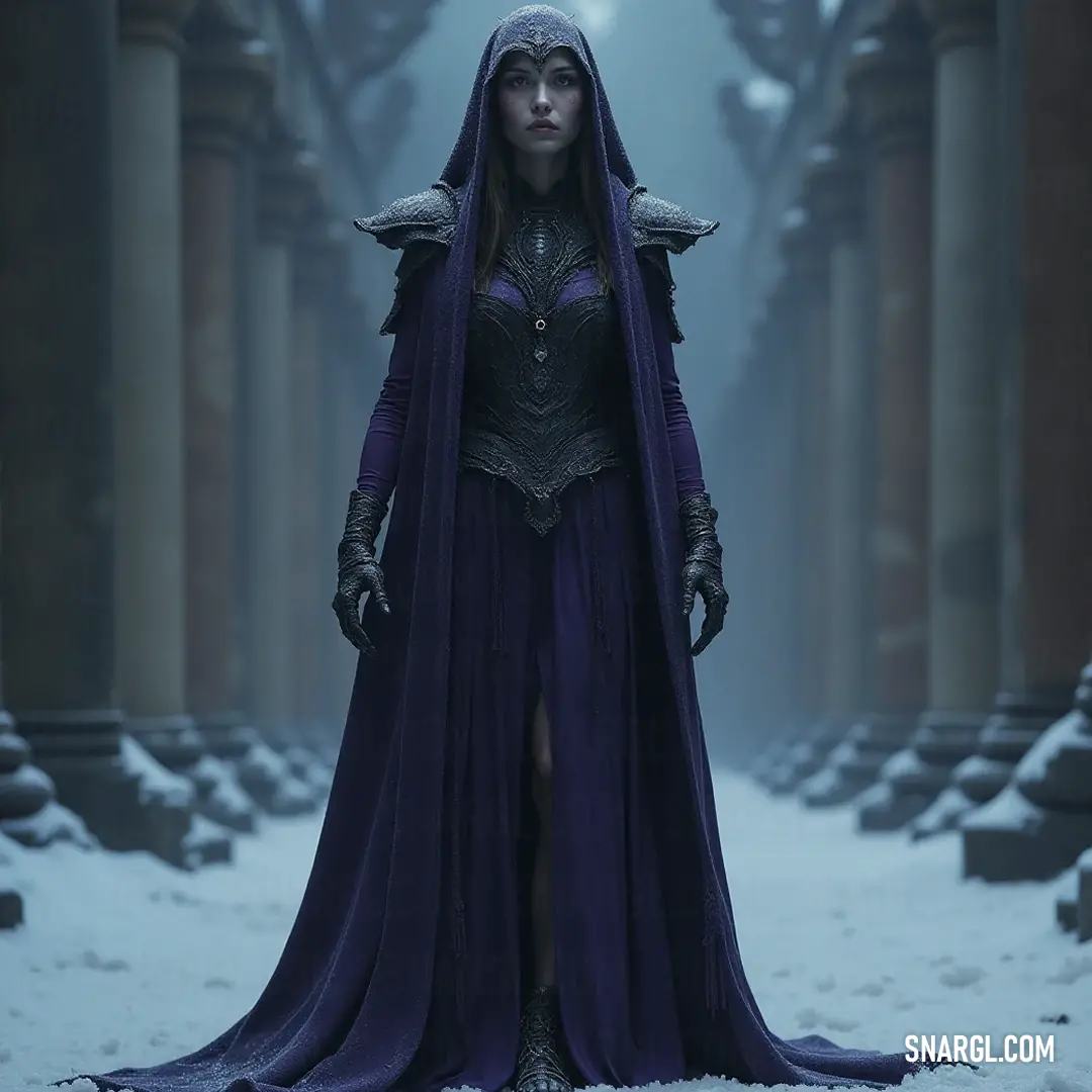 A mysterious figure in a regal purple dress stands amidst snow-covered columns, evoking a powerful sense of history and solitude. Shrouded in a purple dress and a hooded cloak, a solemn figure stands amidst ancient columns, their stark silhouettes rising against a snowy backdrop. The atmosphere is thick with mystery, evoking a sense of poetic desolation and haunting beauty.