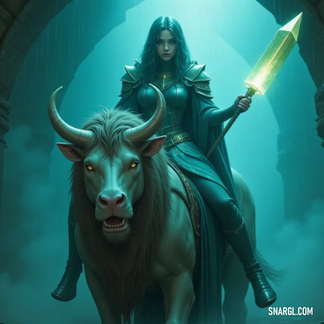 A fearless warrior riding a robust bull brandishes her sword with a commanding presence, infusing the scene with energy and strength. A fierce warrior rides atop a powerful bull, her grip steady on a gleaming sword. The wild energy of the scene reverberates through the air as she commands attention, embodying strength and determination in a moment of exhilarating action.