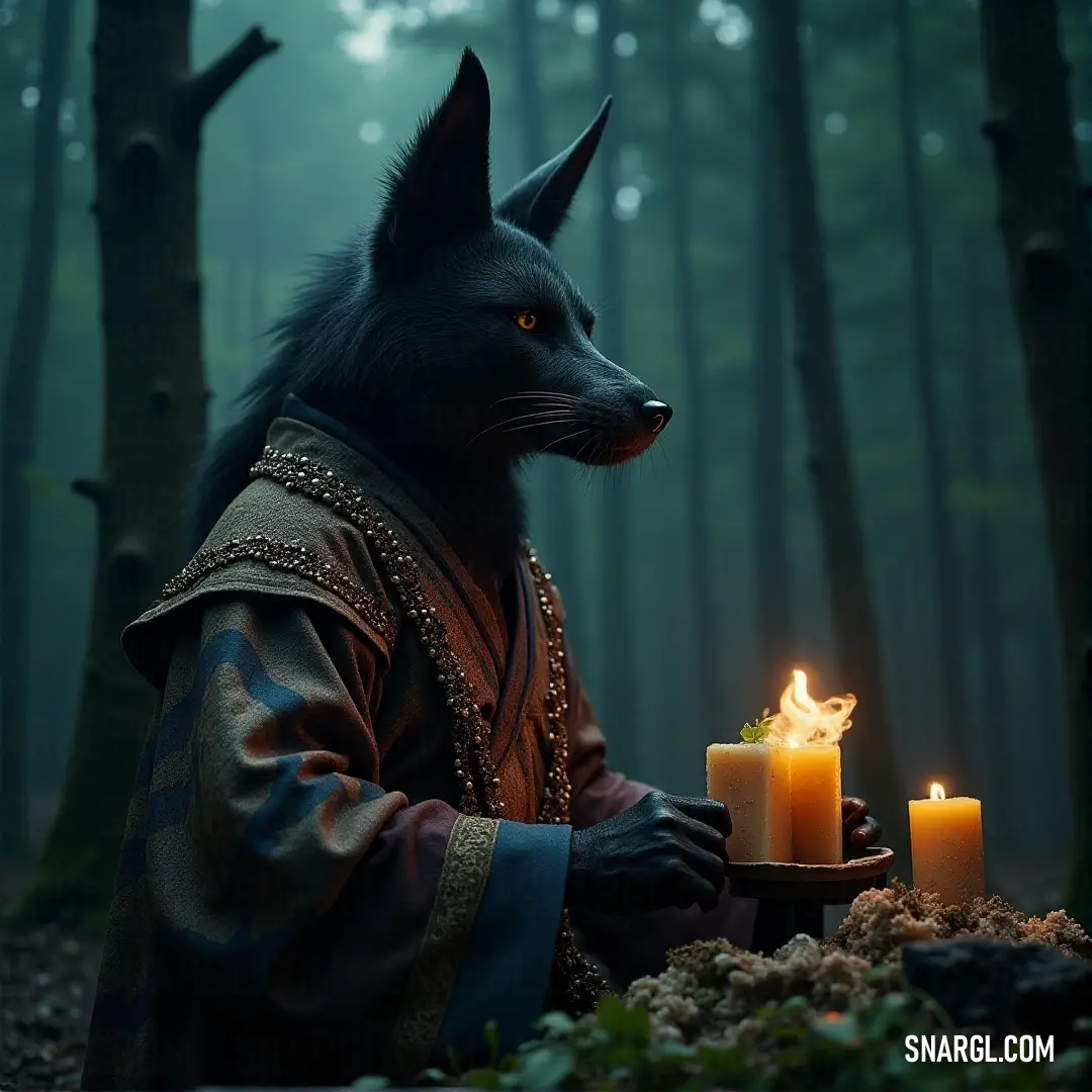 A contemplative wolf holding a flickering candle in the heart of a dark forest, where shadows dance and trees stand as silent sentinels. A wise wolf holding a candle, standing alone in a forest, surrounded by towering trees and enveloped in the quiet beauty of the night.