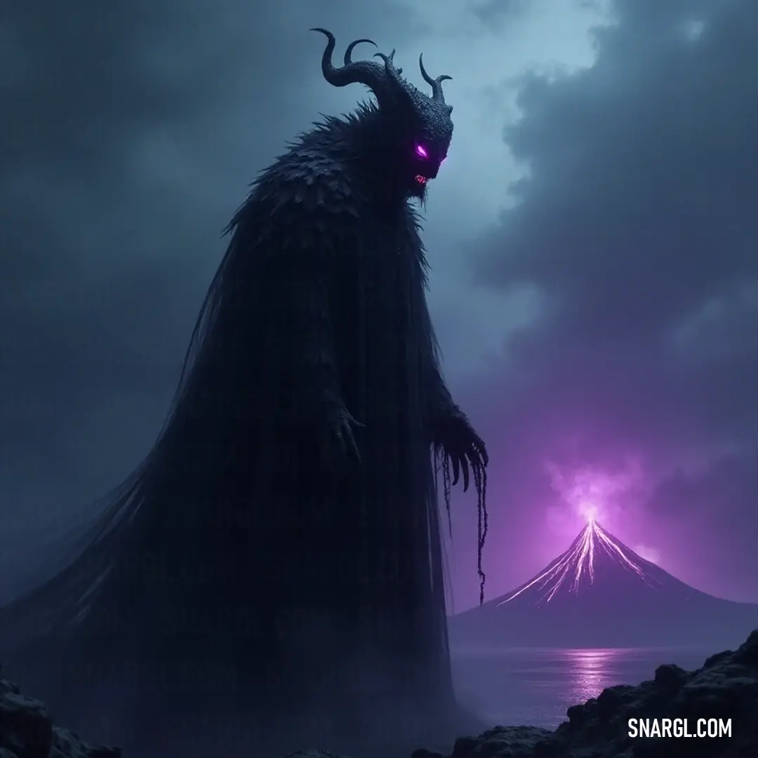 Standing stoically on a dark mountain, the demonic Soul Drainer radiates a mystical purple light, creating an evocative scene that calls forth the ancient legends of strength and dread. A demonic-looking Soul Drainer stands atop a rocky mountain, bathed in an otherworldly purple light that casts haunting shadows on its menacing silhouette, hinting at untold power and dark intentions.