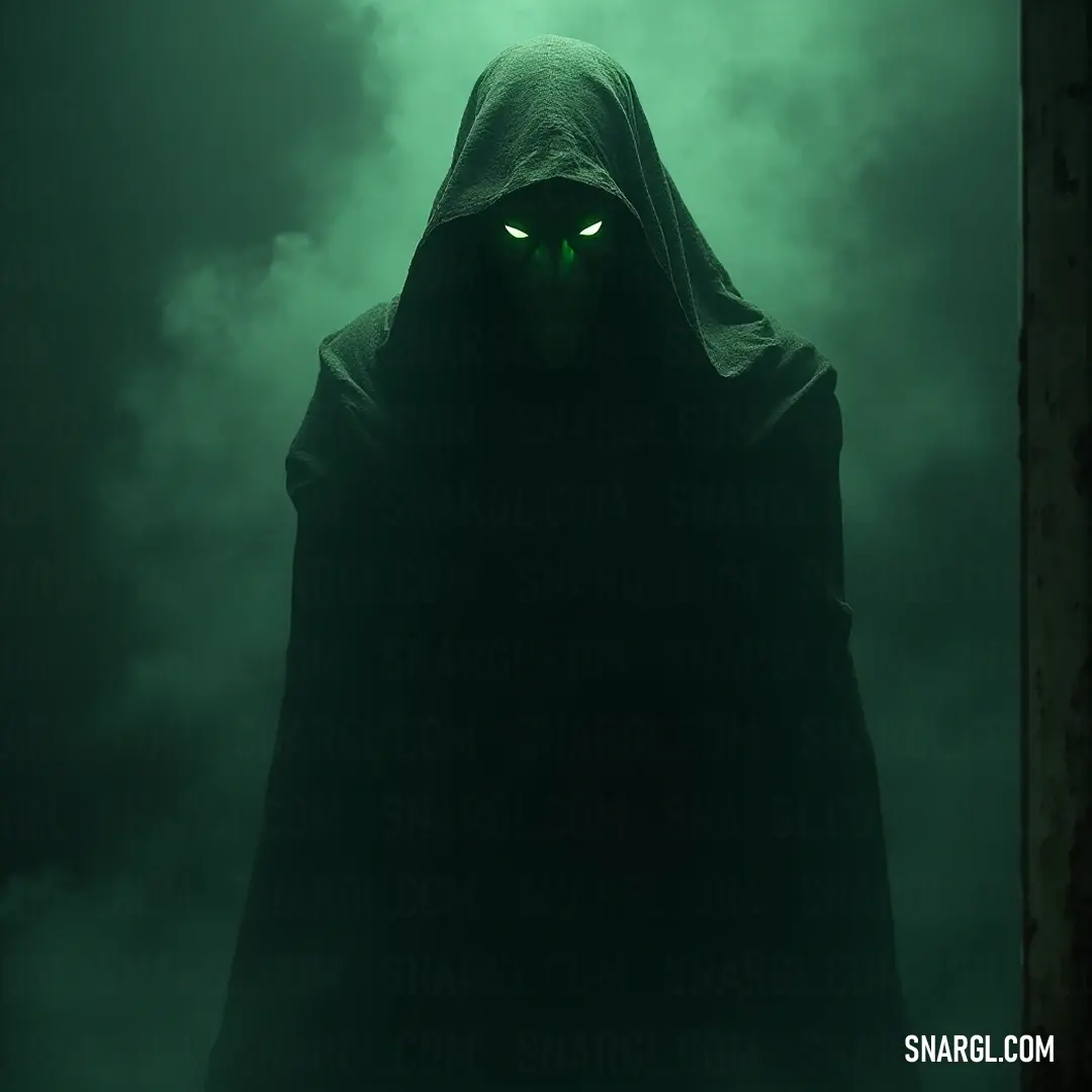The enigmatic Hooded Soul Drainer, cloaked in darkness and fog, peers out with piercing green eyes, evoking a captivating sense of mystery and danger. A mysterious hooded figure with glowing green eyes stands shrouded in shadows, surrounded by swirling fog that envelops the dark atmosphere, creating an eerie sense of foreboding.