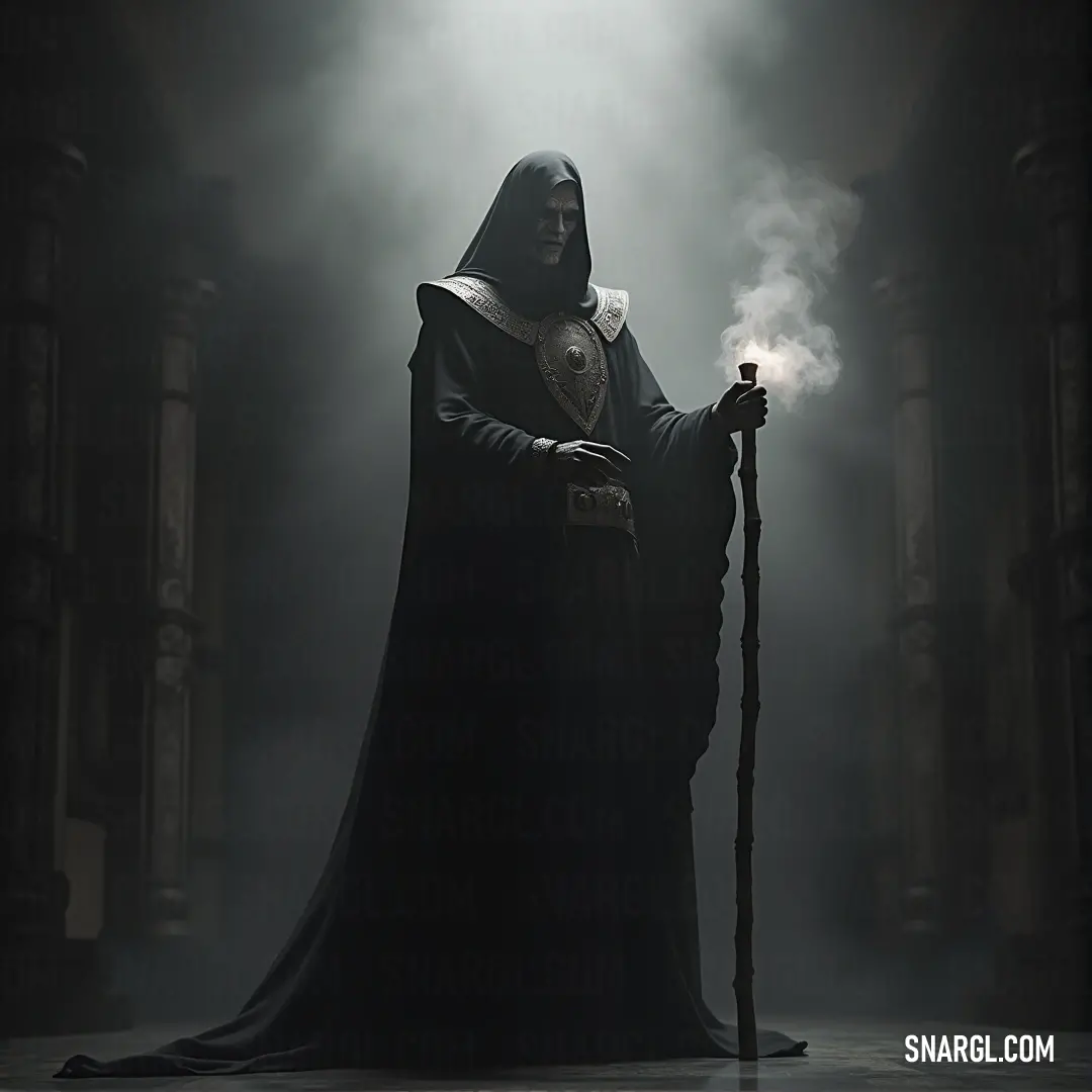 A Soul Mage dressed in deep black robes holds an enchanted staff, its glowing energy matched only by the flickering candle in their hand. Surrounded by eerie fog in a shadowy room, they prepare to cast a powerful spell.