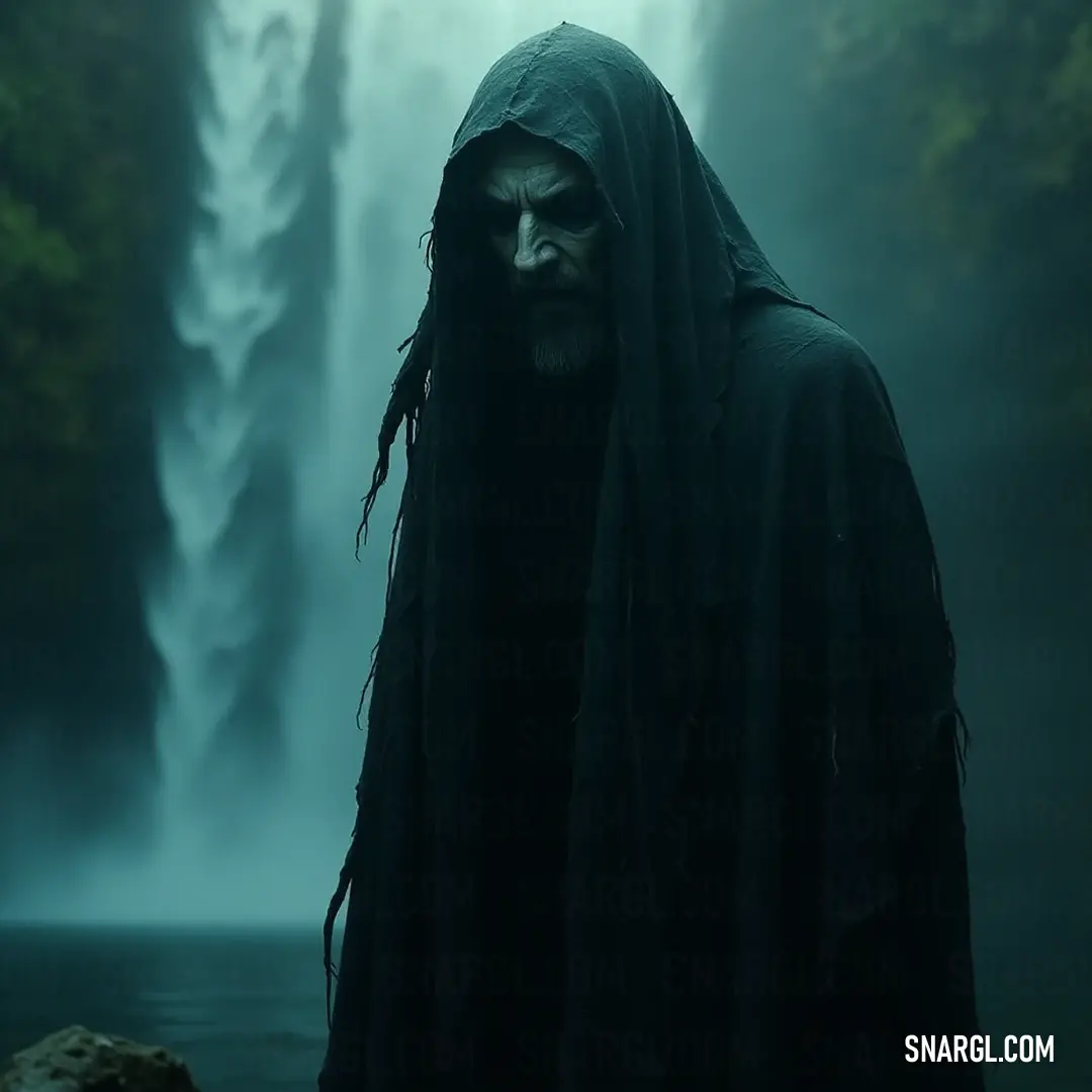 An enigmatic figure in a hooded robe stands before an enchanting waterfall, embraced by wisps of fog and nature's splendor. A mysterious figure draped in a hooded robe stands solemnly before a majestic waterfall, with cascading water and a backdrop of swirling fog adding an ethereal quality to the scene.