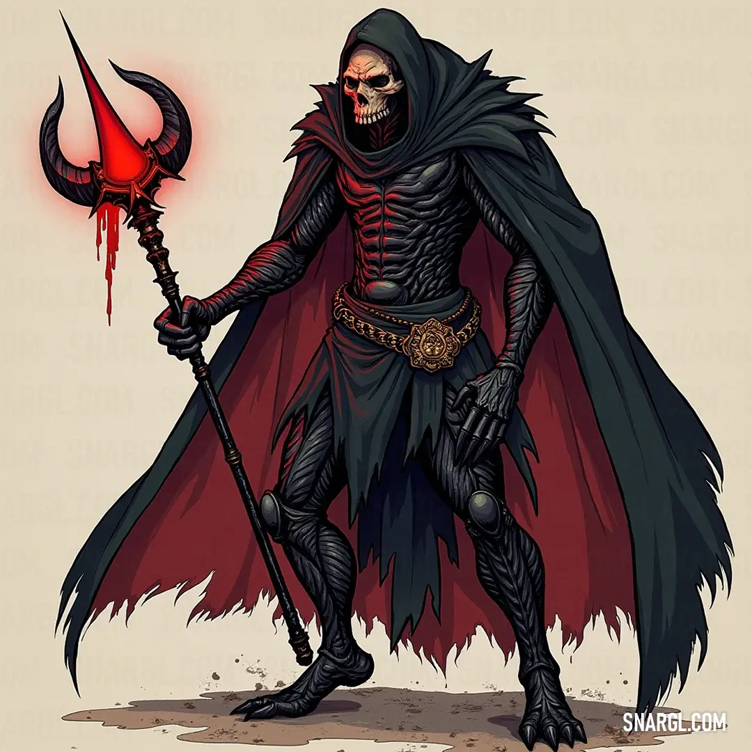 A mesmerizing portrayal of a Soul Reaver with a fiery flame and a shadowy Grimter holding an ornate sceptre, radiating an aura of mystical energy in a twilight realm. A powerful Soul Reaver conjuring a vibrant red flame in one hand, standing ominously alongside a mysterious Grimter wielding a towering sceptre, both embodying a sense of darkness and magic in their presence.