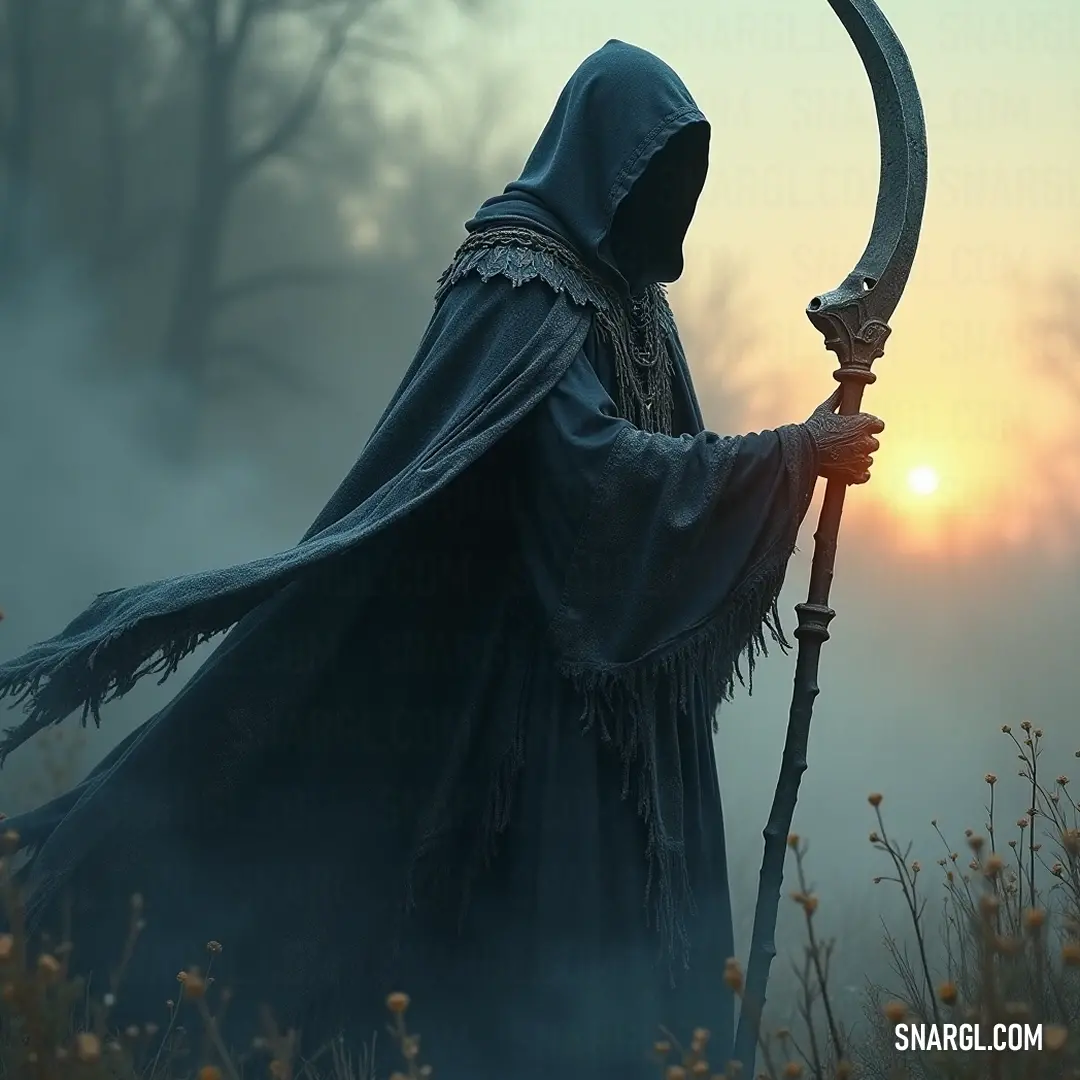 A cloaked Soul Reaver stands amidst a tranquil field at sunset, holding a gleaming sceptacle. The fog rolling in from the trees creates an ethereal atmosphere, blending reality and mysticism seamlessly.