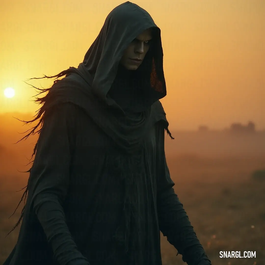 The Soul Reaver, dressed in dark attire, stands illuminated by the brilliant hues of sunset, expressing a striking balance between light and darkness in the quiet field. A solitary Soul Reaver in a black outfit stands confidently in a sunlit field at sunset, hands tucked into pockets, as the warm glow casts a soft light upon the figure, creating a striking juxtaposition.