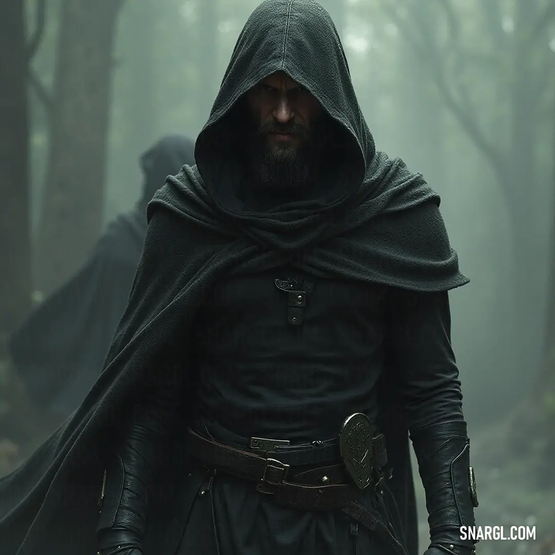 A Soul Stealer dons a hooded cloak while navigating through a misty forest, where fog blankets the ground and ancient trees stand solemnly in the backdrop. The Soul Stealer, adorned in a flowing hooded cloak and regal cape, traverses through a misty woodland adorned with towering trees, where a shroud of fog clings to the earth as whispers of lost souls weave through the air.