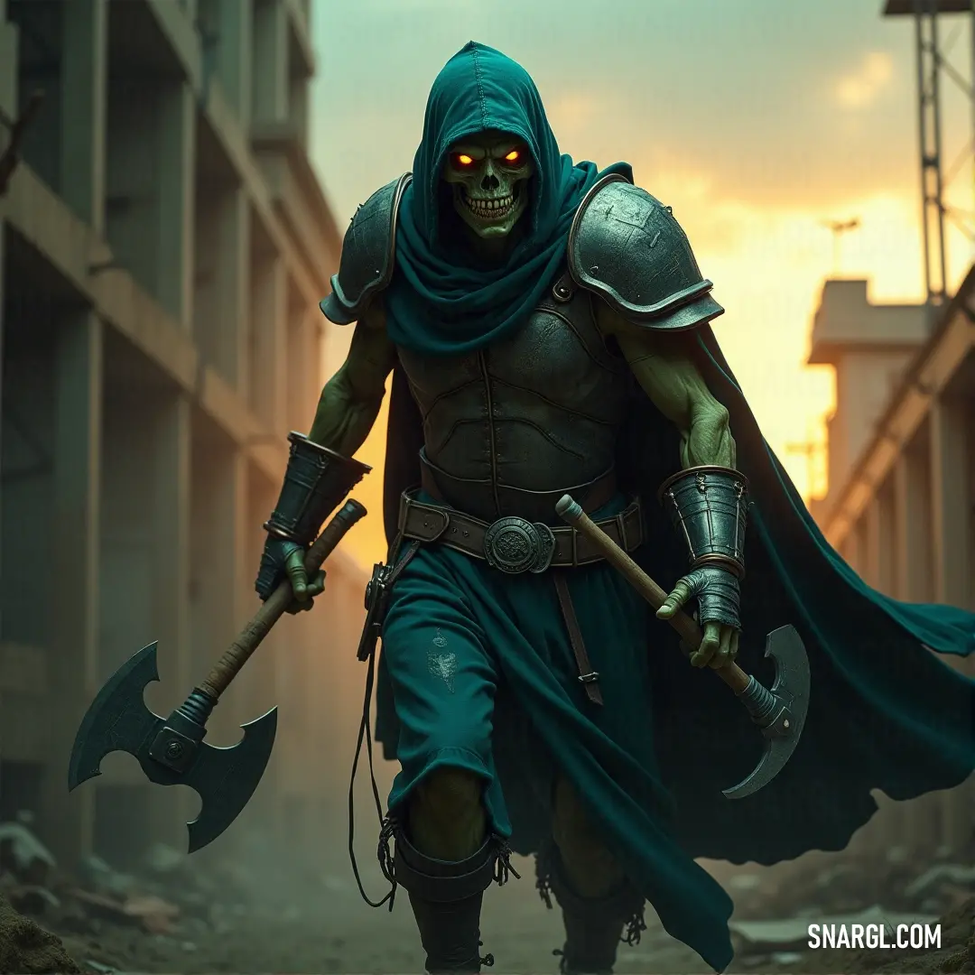 A Soul Sucker, outfitted in green with an axe and cape, walks down an empty street, his every step exuding power and purpose. A fierce Soul Sucker, dressed in green with an impressive axe and matching green cape, strides down an empty street. His presence is both commanding and foreboding, as if he is on a mission of great importance.