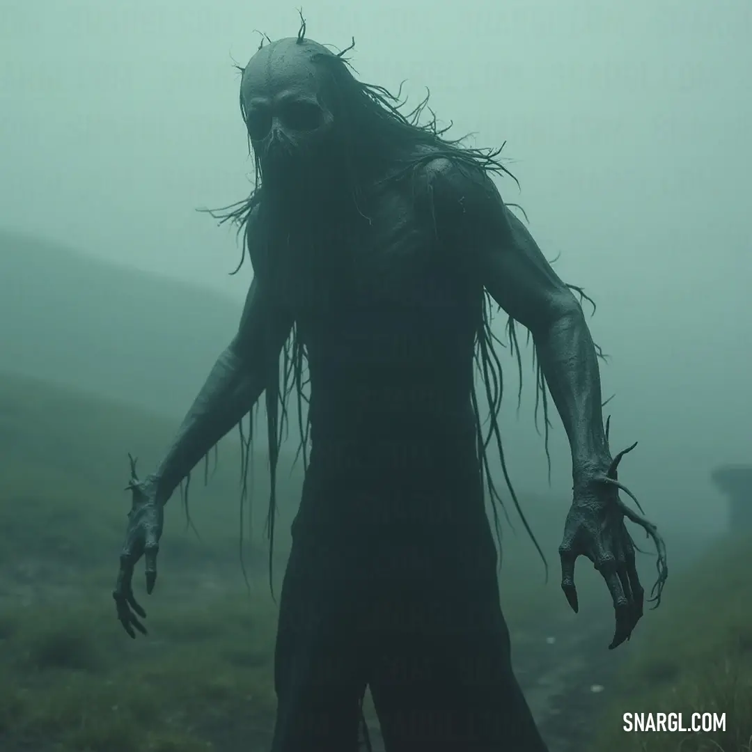 A haunting Soul Taker with long hair emerges from a foggy field, evoking eerie anticipation in the presence of a mysterious house. A spectral Soul Taker with flowing long hair stands in a fog-laden field. With hands raised to the sky, they evoke a sense of eerie anticipation, a dilapidated house looming ominously in the distance, shrouded in mist.