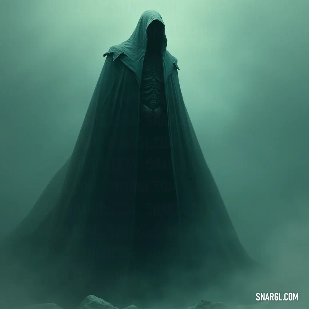 A shadowy figure cloaked in eerie fog stands solemnly, their hood obscuring their face. Draped in a flowing cape, they encompass an aura of mystery that blends seamlessly with the surrounding mist, creating an enigmatic silhouette.