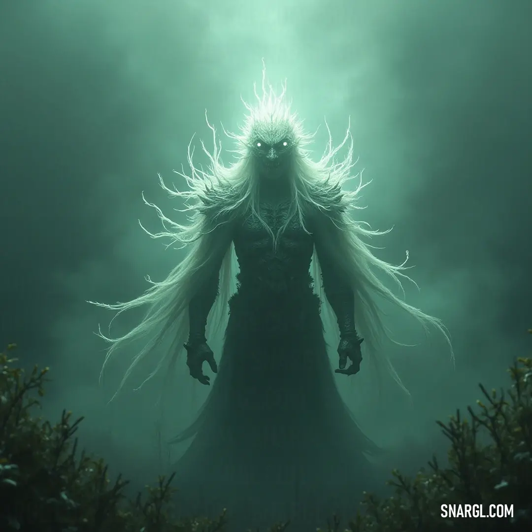 A soulshard wraith stands in the mist, arms outstretched, exuding an enchanting, ghostly allure as it bridges the worlds of the living and the ethereal. A spectral wraith with flowing hair emerges from the fog, arms outstretched in an ethereal manner, as if suspended between realms, captivating all with its serene yet haunting presence.