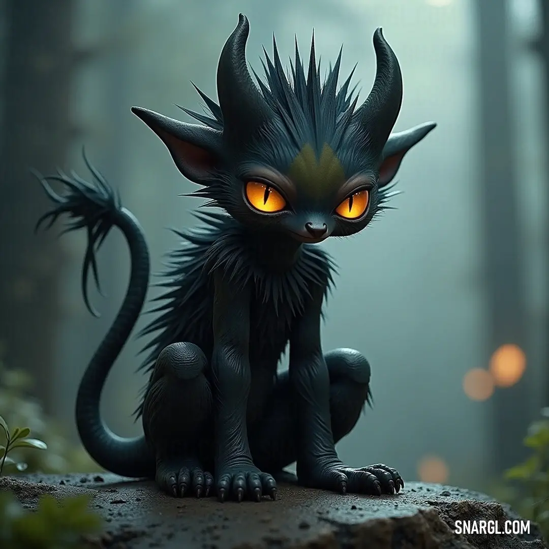 A dark, enigmatic figure with luminous eyes rests on a rocky surface, camouflaged within the wild beauty of a shadowy forest. An imposing black figure with glowing eyes perches on a rocky outcrop, surrounded by a softly blurred woodland expanse, creating an atmosphere of mystery and intrigue.