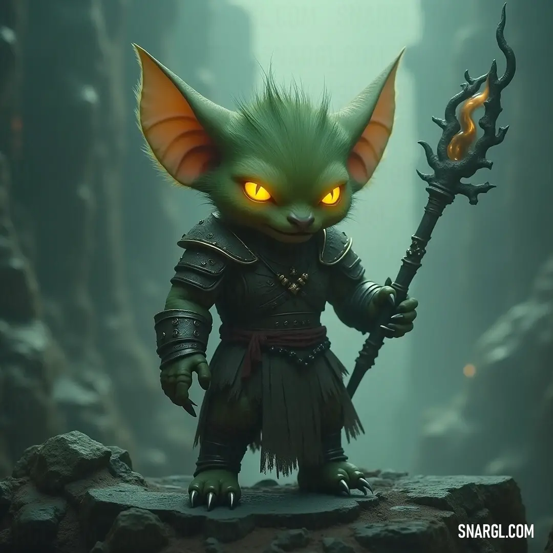 Green Spark wielding a flaming staff in a mysterious cave illuminated by its vibrant energy, showcasing a magical encounter. A captivating Green Spark with radiant yellow eyes, elegantly gripping a staff with a flame flickering at its tip, stands boldly in a cave surrounded by rough rock formations, embodying the spirit of adventure and magic.