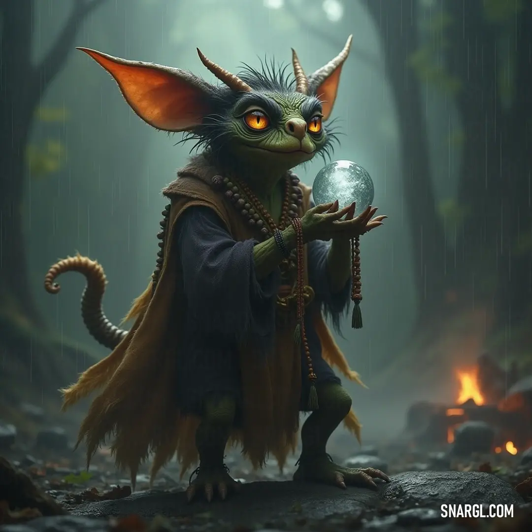 Surrounded by a stunning mystical environment, a character with impressive horns and a long coat elegantly cradles a crystal ball, embodying the connection to the untamed magic of nature amidst fire and fog. Within a magical forest filled with swirling flames and mist, a striking being with horns and a flowing coat holds a crystal ball, channeling the mystical energies around them as shadows dance between the trees.