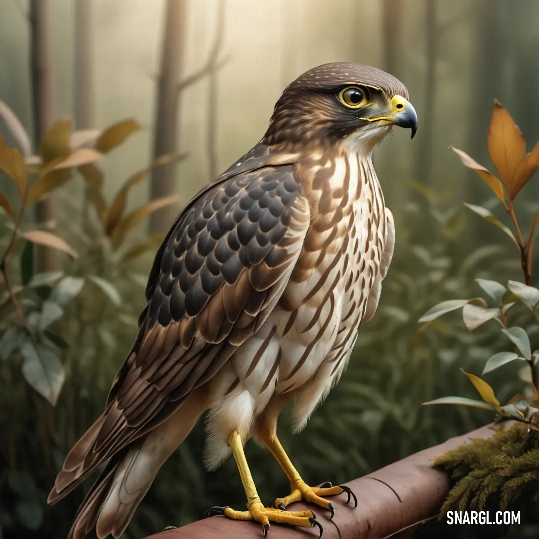 A sparrowhawk of prey perches on a branch, with leaves and plants surrounding it in a vibrant, leafy forest, its keen eyes focused on the world around it, a quiet predator in its natural habitat.
